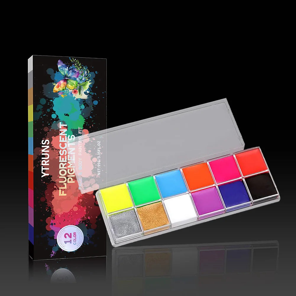 12-Color UV Glow Face and Body Paint Makeup Palette Set - Vibrant, Waterproof, Long-Lasting Halloween, Cosplay and Costume Makeu