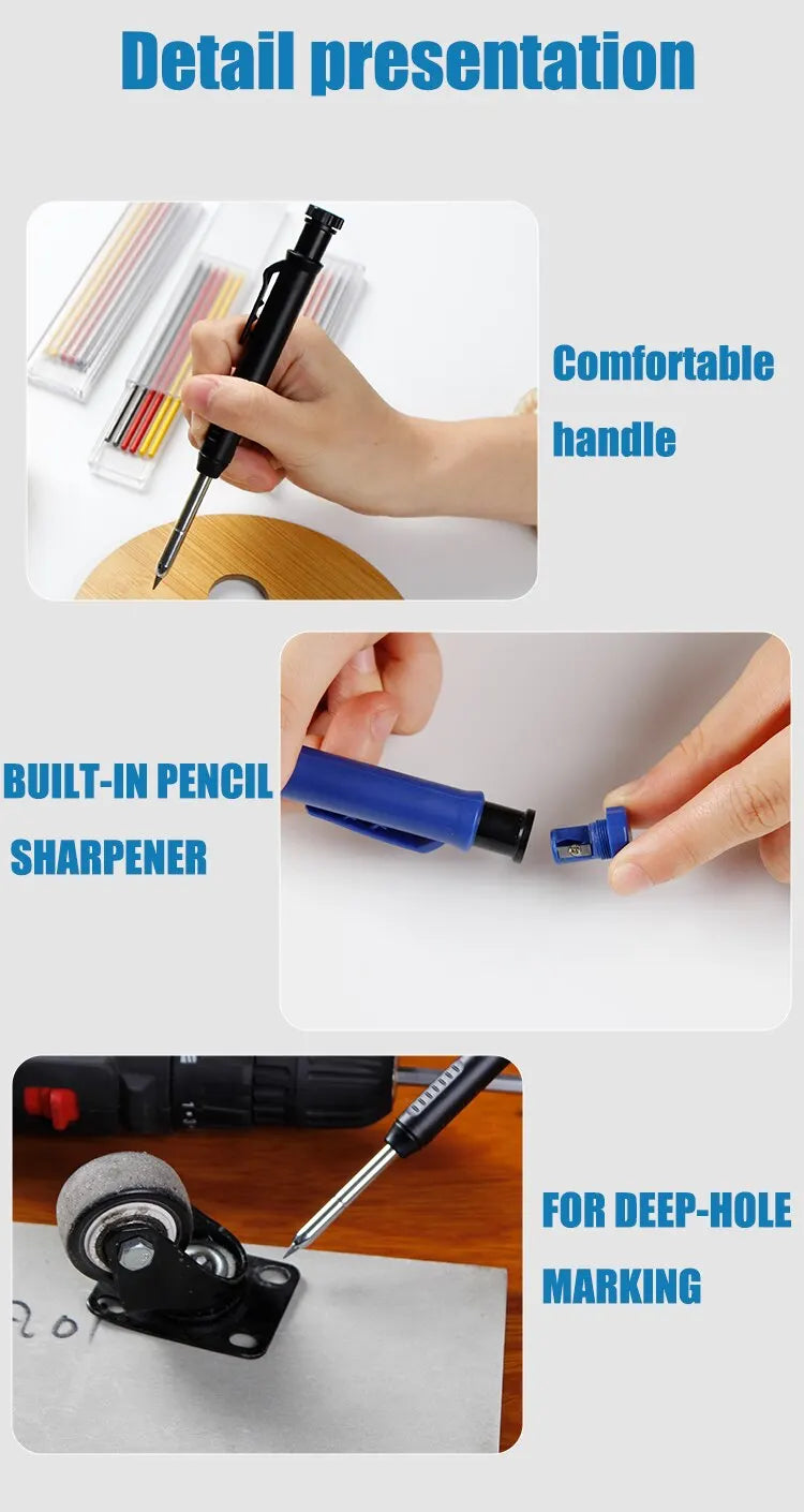 Solid Carpenter Pencil Set Woodworking Tools Mechanical Pencil 5 Colors Refill Construction Job Tools Carpentry Marking Scriber