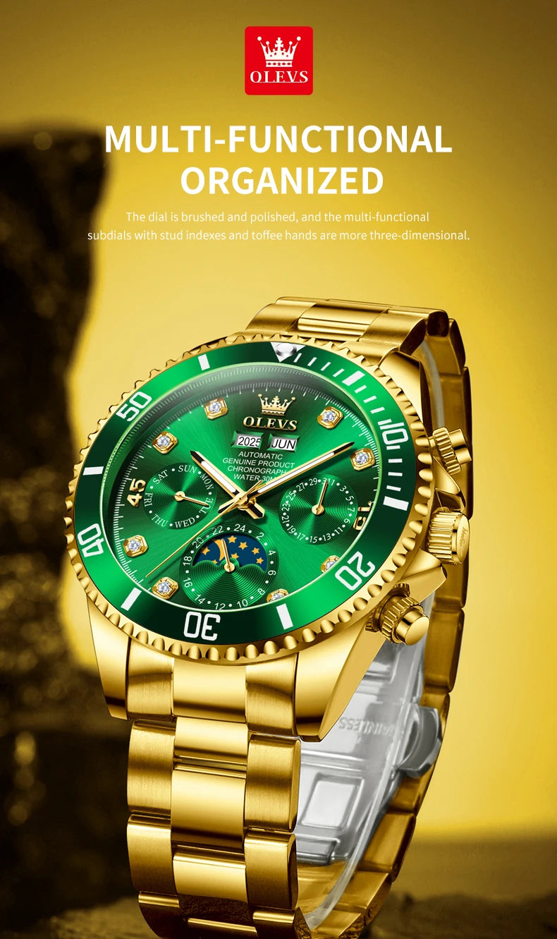 OLEVS 6729 Automatic Watch Man 24 Hour Moon Phase Mechanical Watch For Men Luxury 30M Waterproof Luminous Date Men's Wristwatch