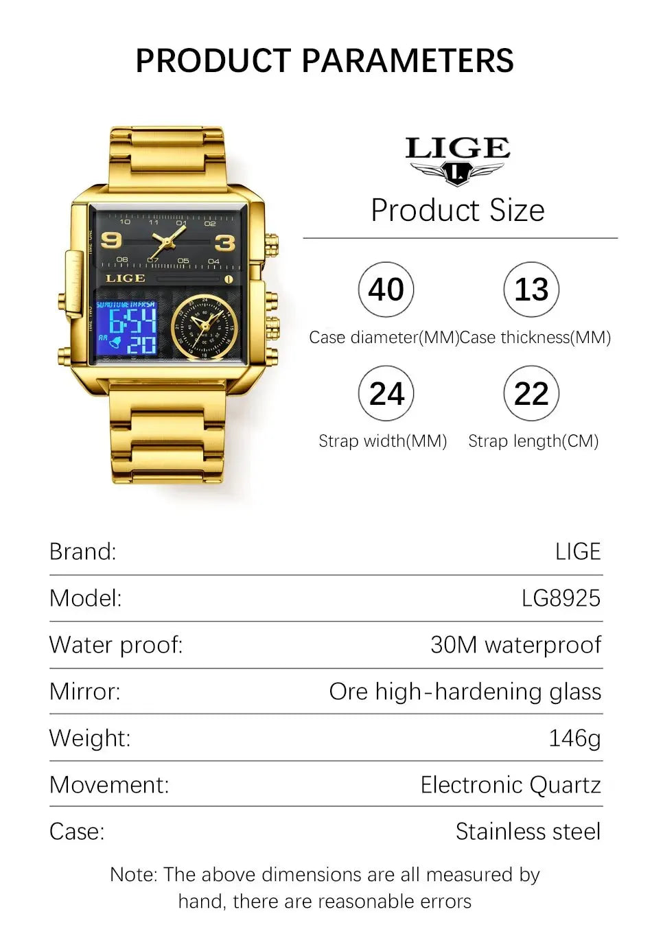 LIGE Luxury Original Men Sports Wrist Watch Gold Quartz Steel Waterproof Dual Display Clock Watches For Men Relogio Masculino