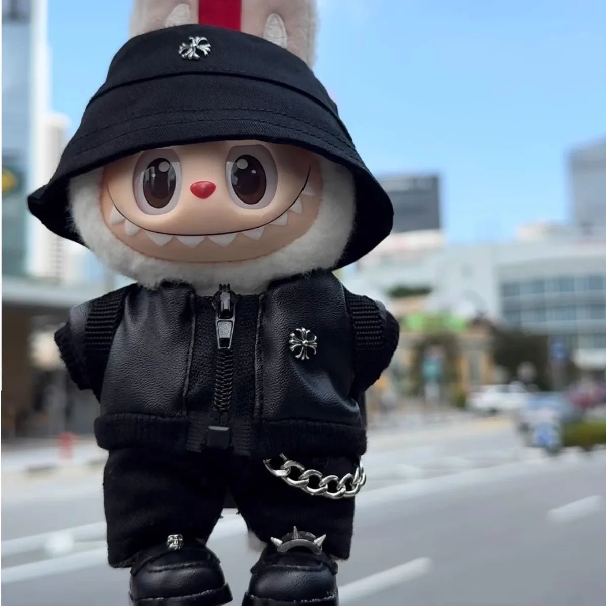 Clothes only] Labubwa clothes, black trendy cool leather jacket set, cute first, second and third generation clothes, hats, back