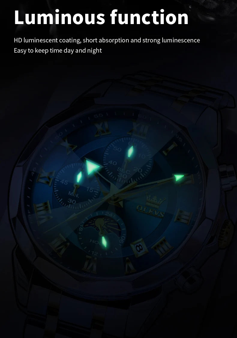 OLEVS 3675 Mens Watch Original Multifunctional Chronograph Quartz Watch Moon Phase Watches For Men Waterproof Mens Gifts Reloj
