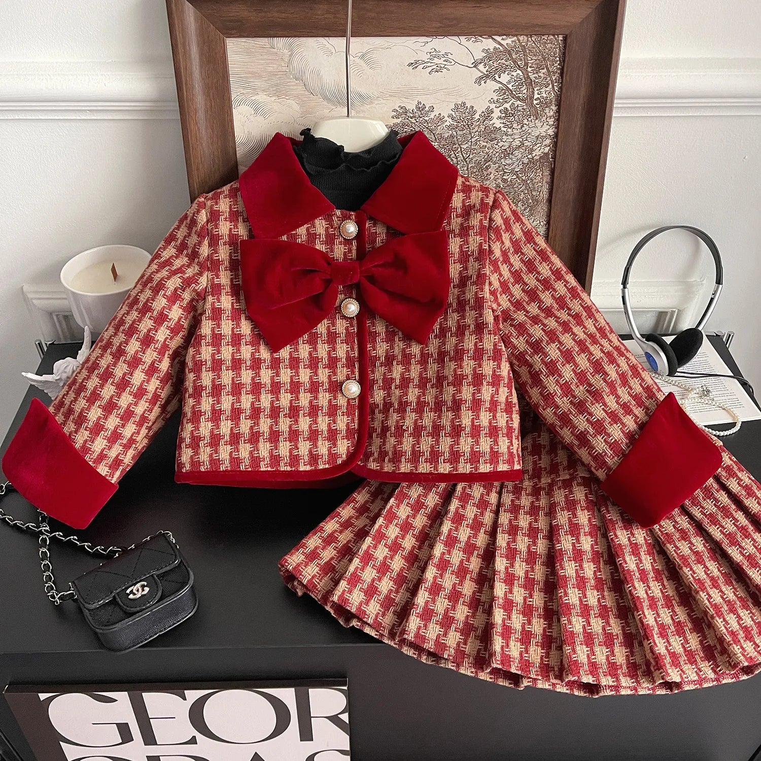 Children's Clothing Sets Red Plaid Bow Coat + Pleated Skirt Sets Winter Clothes for Girls Baby Girl Outfit Set Boutique Clothes