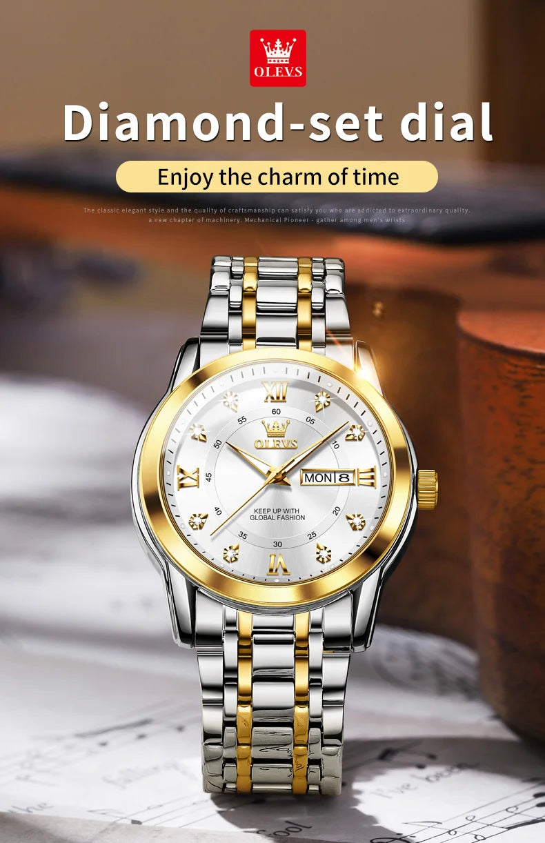 OLEVS Quartz Watch for Men Luxury Diamonds Gold Watch Waterproof Luminous Stainless Steel Business Men's Quartz Watch Mens Watch