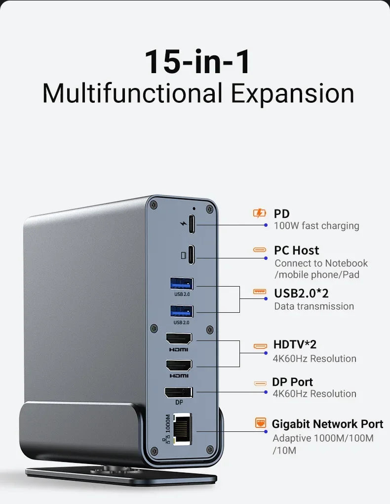15 in 1 USB C Docking Station 4K HD Vertical Hub with Triple Monitor RJ45 1000M,USB 3.0/2.0,PD 3.0,SD/TF,Audio 3.5 for Laptop PC
