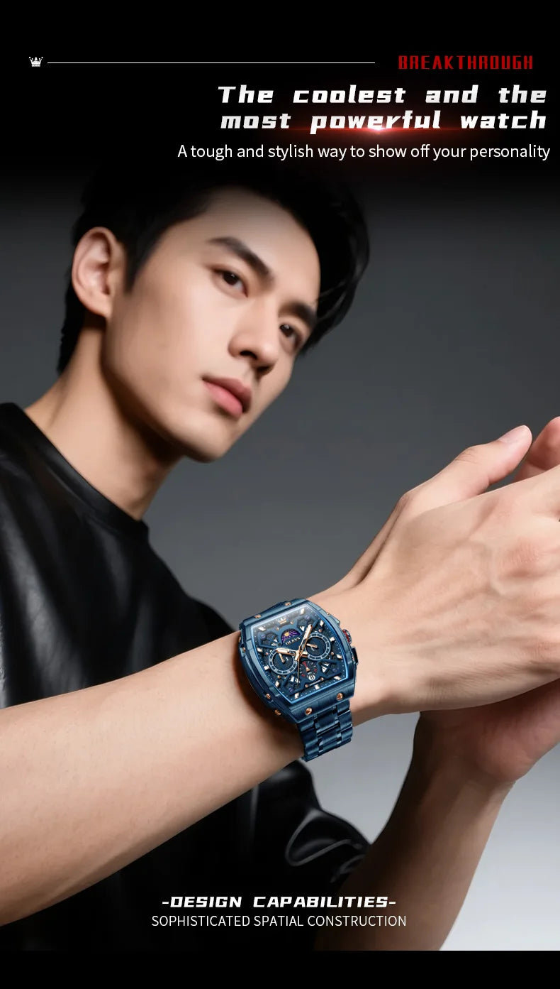 OLEVS 2942 New Mens Watch Original Tonneau Quartz Watch Waterproof Luminous Stainless Steel Watches For Men Gifts Box