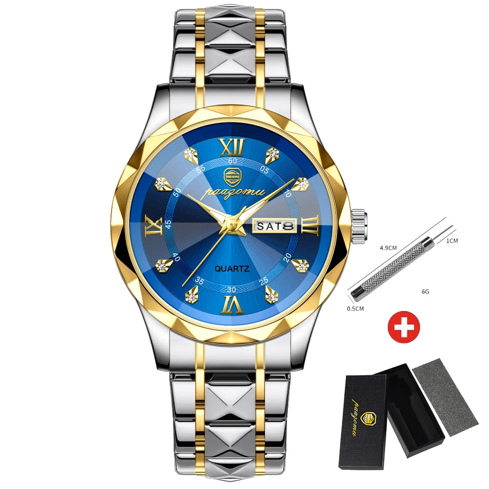PENGAGAR Top Brand Luxury Man Wristwatch Waterproof Luminous Date Week Men Watches Stainless Steel Quartz Men's Watch Male reloj