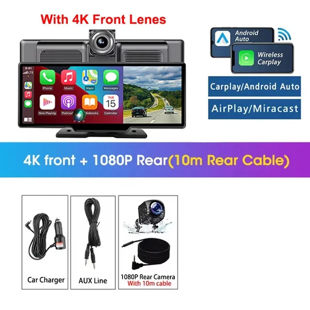 Srnubi 10.26" Dash Cam Rearview Carplay Android Auto 4K DVR Navigation Player Dual Len Recorder Dashboard WIFI BT