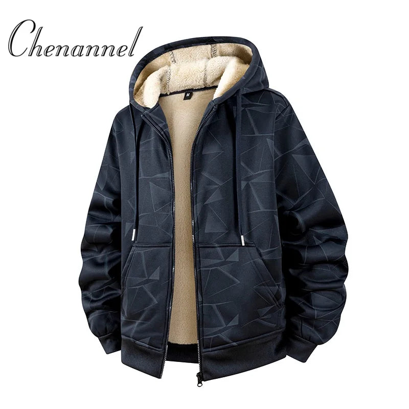 Autumn and Winter New Lamb Fleece Coat Men's Trendy  Print with Thick Fleece Hoodie Jacket Hoodie