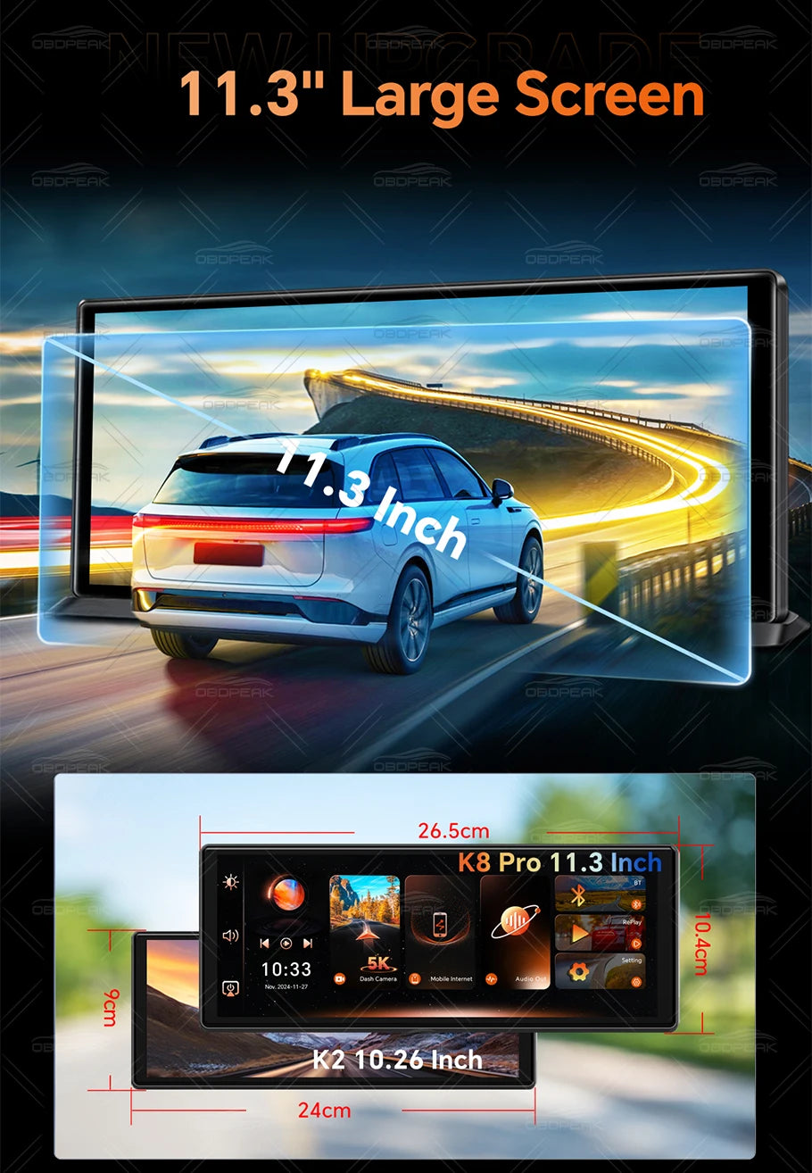 OBDPEAK K8 Pro Front 5K Rear 1080P Dash Cam Camera 11.3" Touch Ai Screen Carplay & Android Auto GPS Navigation Night Vision DVR