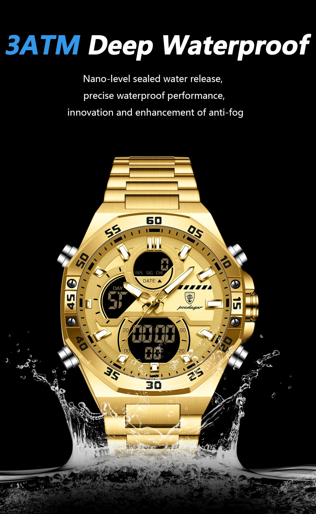 POEDAGAR New Men Clock LED Luminous Waterproof Week Date Military Man Wristwatch Electronic Stainless Steel Quartz Men's Watches