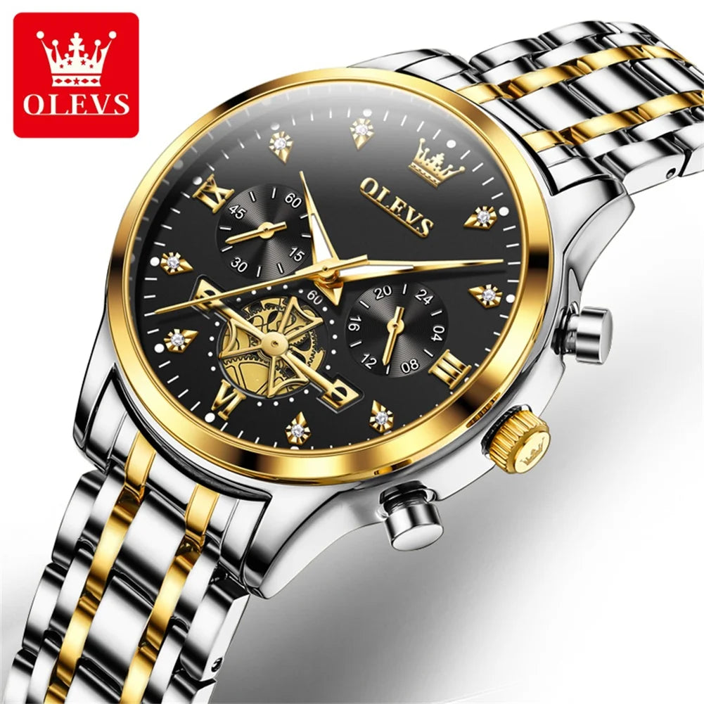 OLEVS New Flywheel Design Luxury Couple Watch Waterproof Moon Phase Chronograph Brand Original Quartz Wrist Watch for Men Women