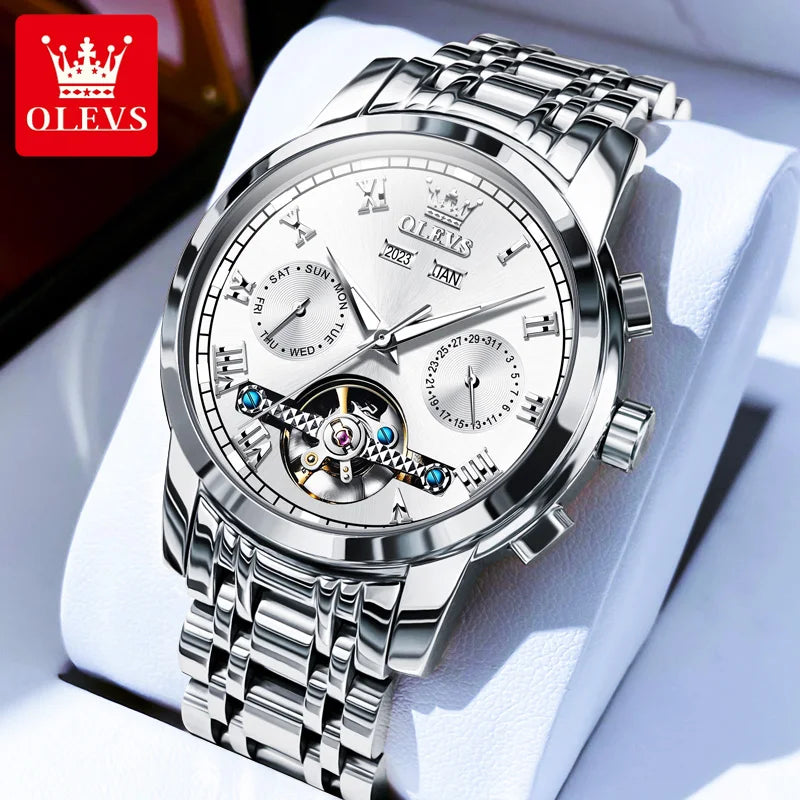 OLEVS 6607 Fully Automaitc Watches Stainless Steel Skeleton Flywheel Dual Calendar Top Luxury Brand Men's Mechanical Wristwatch