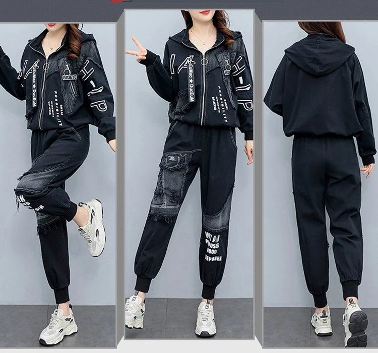 Clothing Suits 2025 Spring autumn Punk Outfits Womens Two Pieces Sets British Loose Casual Hooded Jackets Denim Pants