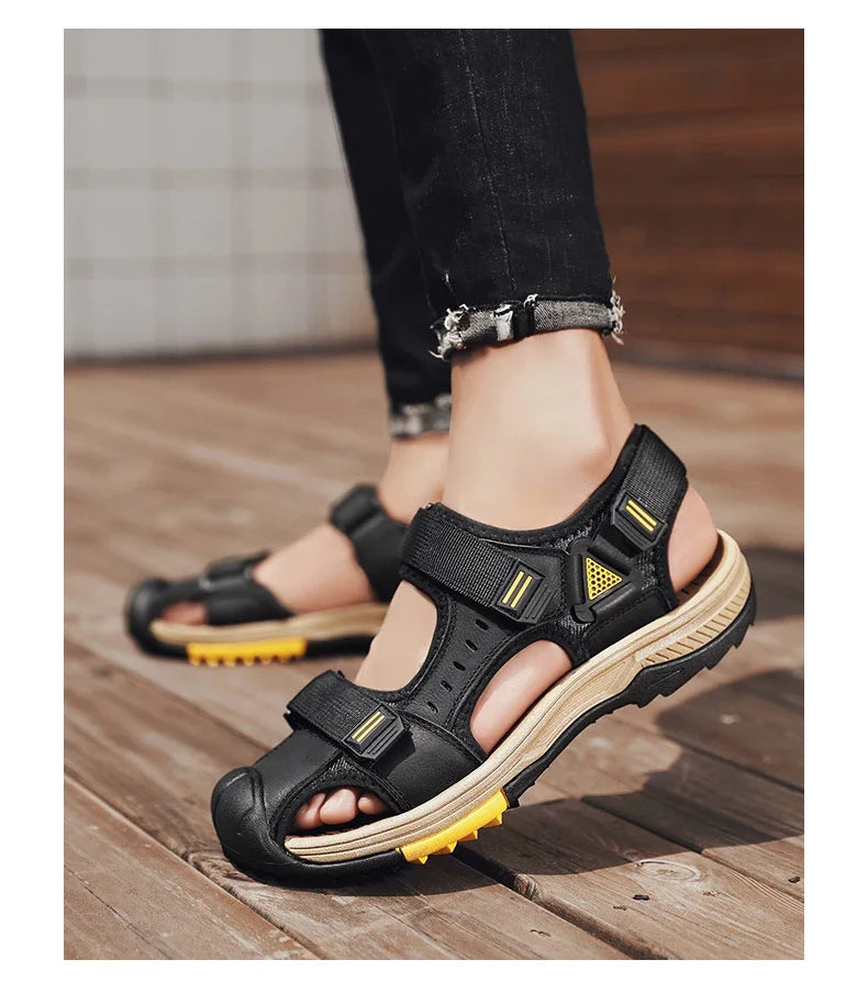 Summer Breathable Genuine Leather Men Sandals Waterproof Non-Slip Large Size flip flops Beach shose For Outdoor Anti-Collision