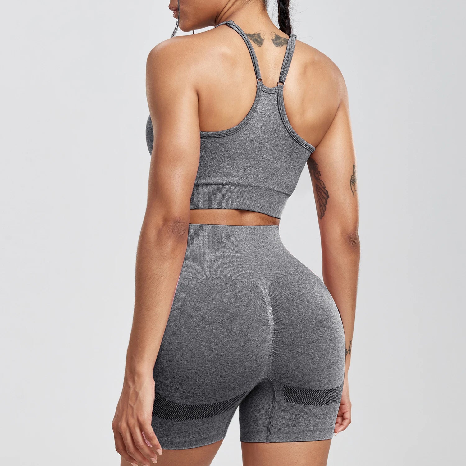 Solid Women Two Piece Sets Peach Buttocks Shorts Female Trackuists Gym Set Halter Fitness Shorts Push Up Bra Summer