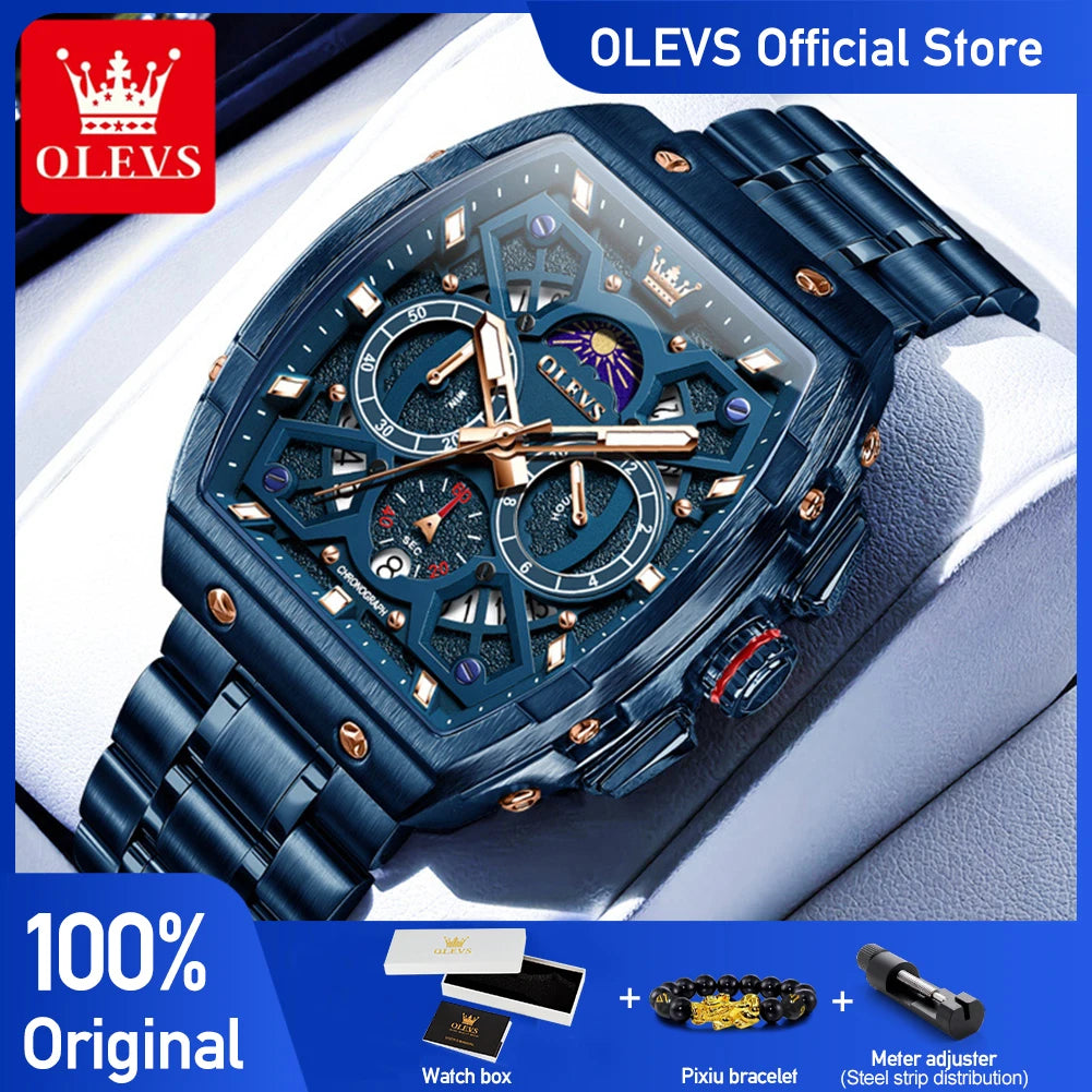 OLEVS 2942 New Mens Watch Original Tonneau Quartz Watch Waterproof Luminous Stainless Steel Watches For Men Gifts Box