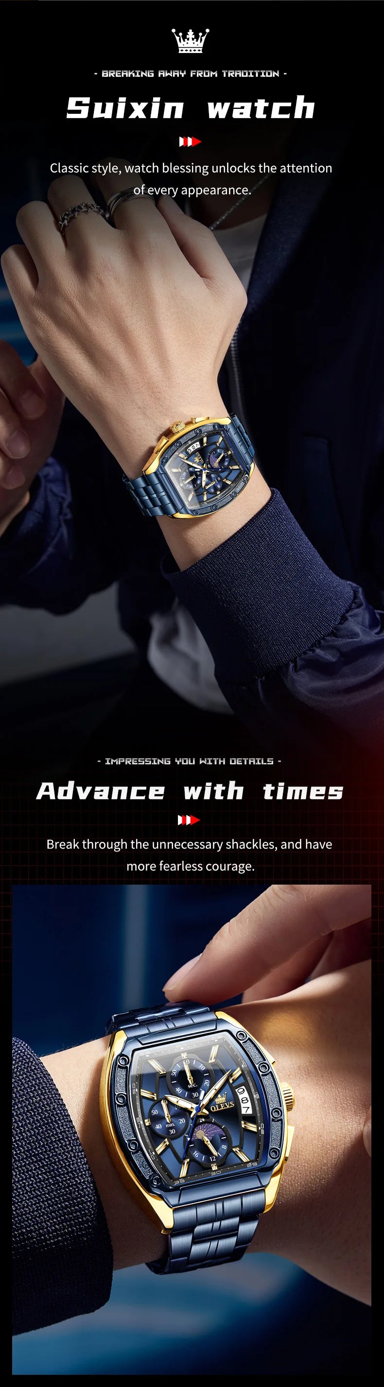 OLEVS Watch New 3661 Mens Watch Luxury Quartz Watch Waterproof Luminous Stainless Steel Moon Phase Sport Tonneau Watches For Men