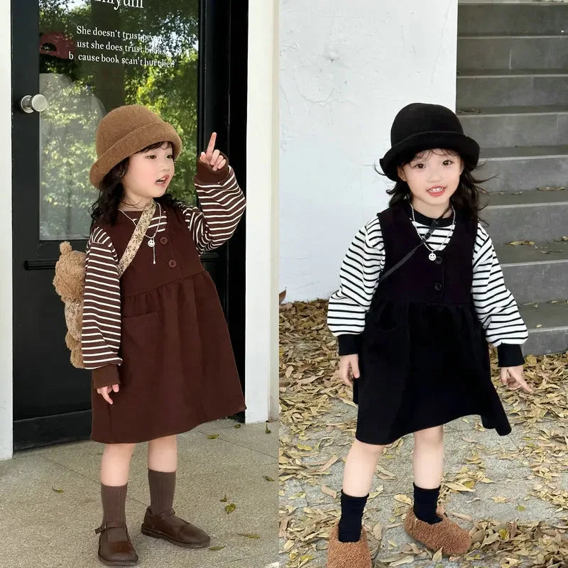 Clothing Suit Girls' Striped Long-Sleeved Sweater Plus Corduroy Vest Skirt  Autumn and Winter Clothing New Suit