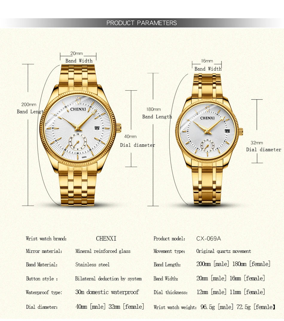 CHENXI Luxury Brand Casual Couple Watch Golden Stainless Steel Quartz Watch for Men's and Women's Waterproof Luminous Wristwatch