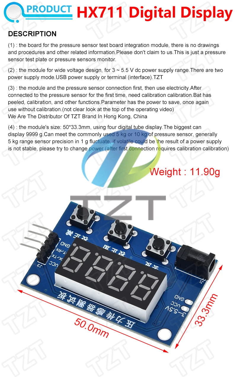TZT Load Cell 1KG 5KG 10KG 20KG HX711 AD Module Weight Sensor Electronic Scale Aluminum Alloy Weighing Pressure Sensor