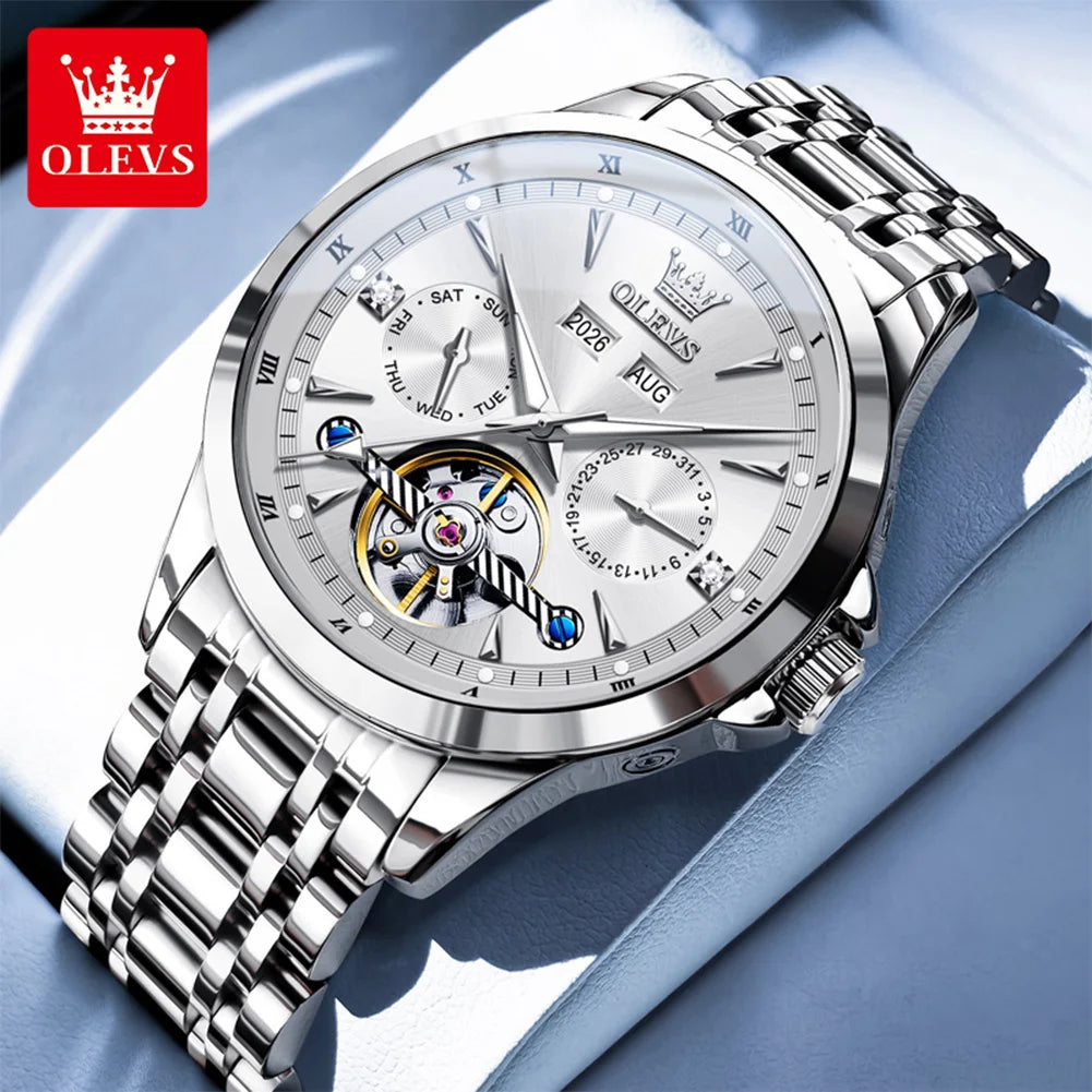 OLEVS 7091 Mens Watch Original Flywheel Automatic Mechanical Watch For Man Perpetual Calendar Waterproof Luminous Luxury Reloj