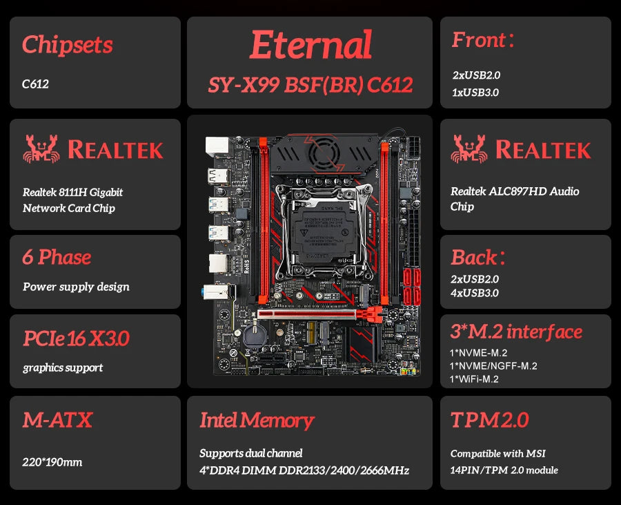 SOYO X99 C612chip Gaming Motherboard Set with Intel Xeon E5 2680 V4 CPU& DDR4 ECC8G*2 2133MHz RAM M.2 NVME for Desktop PC