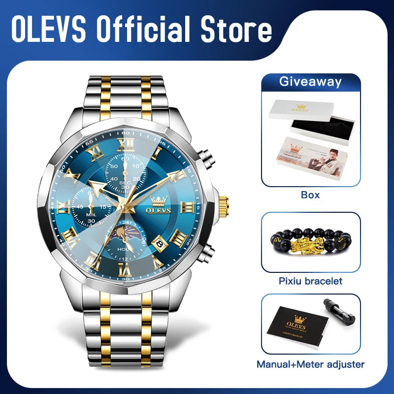 OLEVS 3675 Mens Watch Original Multifunctional Chronograph Quartz Watch Moon Phase Watches For Men Waterproof Mens Gifts Reloj