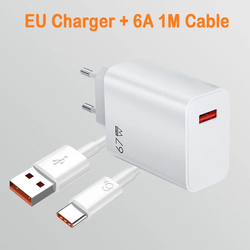 GaN USB Fast Charger Quick Charge 3.0 for Xiaomi 14 13 12 11 10 Ultra Redmi Note 12T 13 Pro Turbo 6A USB Type C Charging Cable