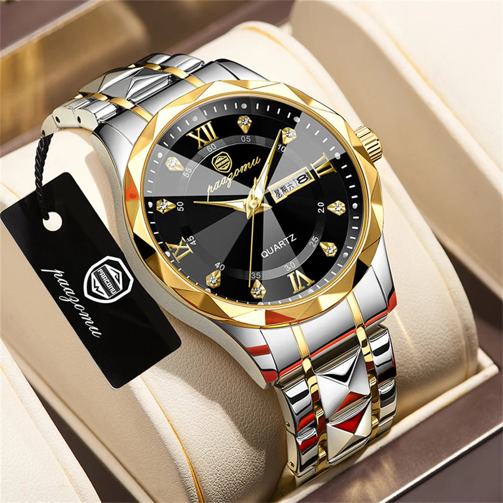 PENGAGAR Top Brand Luxury Man Wristwatch Waterproof Luminous Date Week Men Watches Stainless Steel Quartz Men's Watch Male reloj
