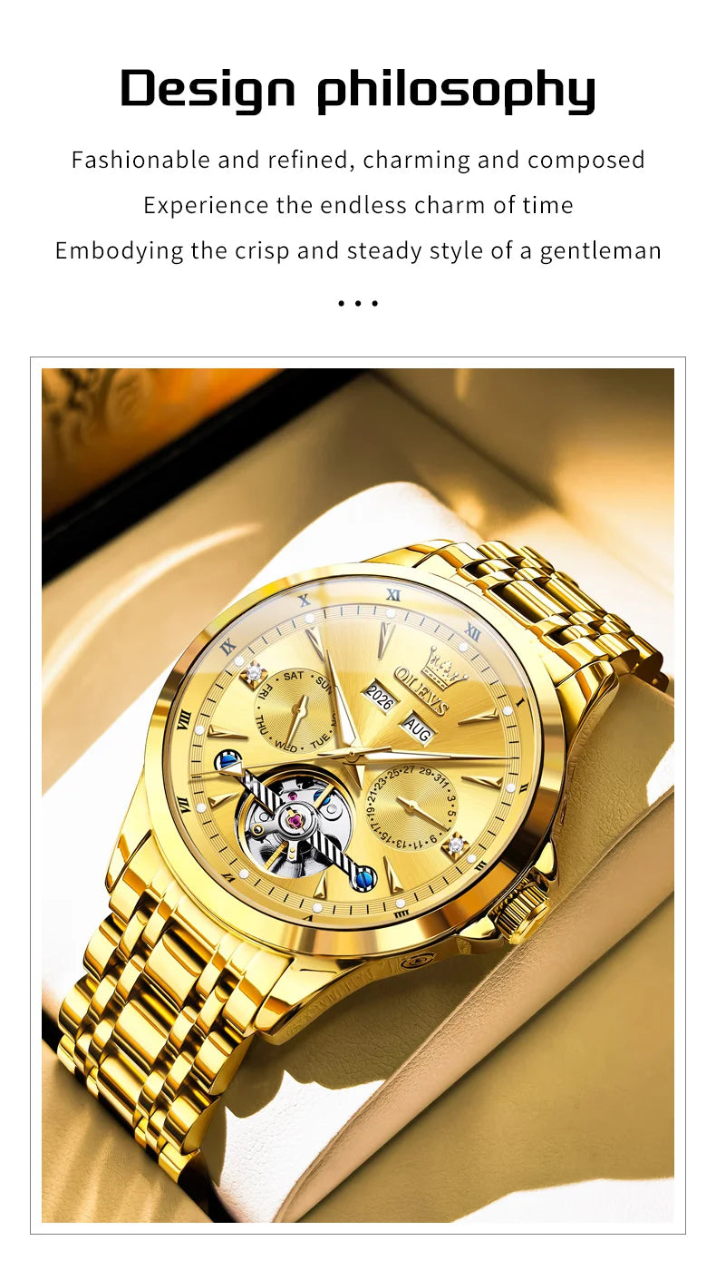 OLEVS 7091 Mens Watch Original Flywheel Automatic Mechanical Watch For Man Perpetual Calendar Waterproof Luminous Luxury Reloj