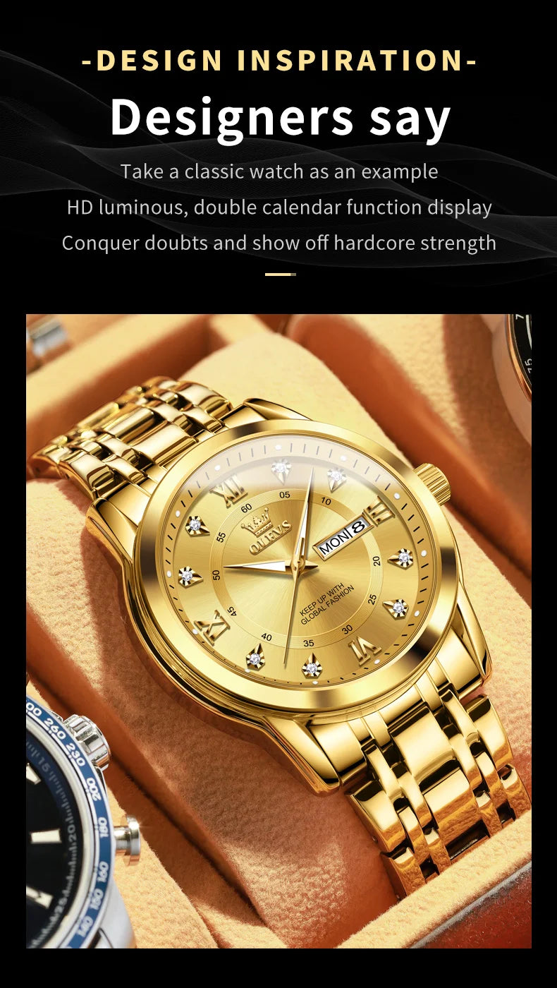 OLEVS Quartz Watch for Men Luxury Diamonds Gold Watch Waterproof Luminous Stainless Steel Business Men's Quartz Watch Mens Watch