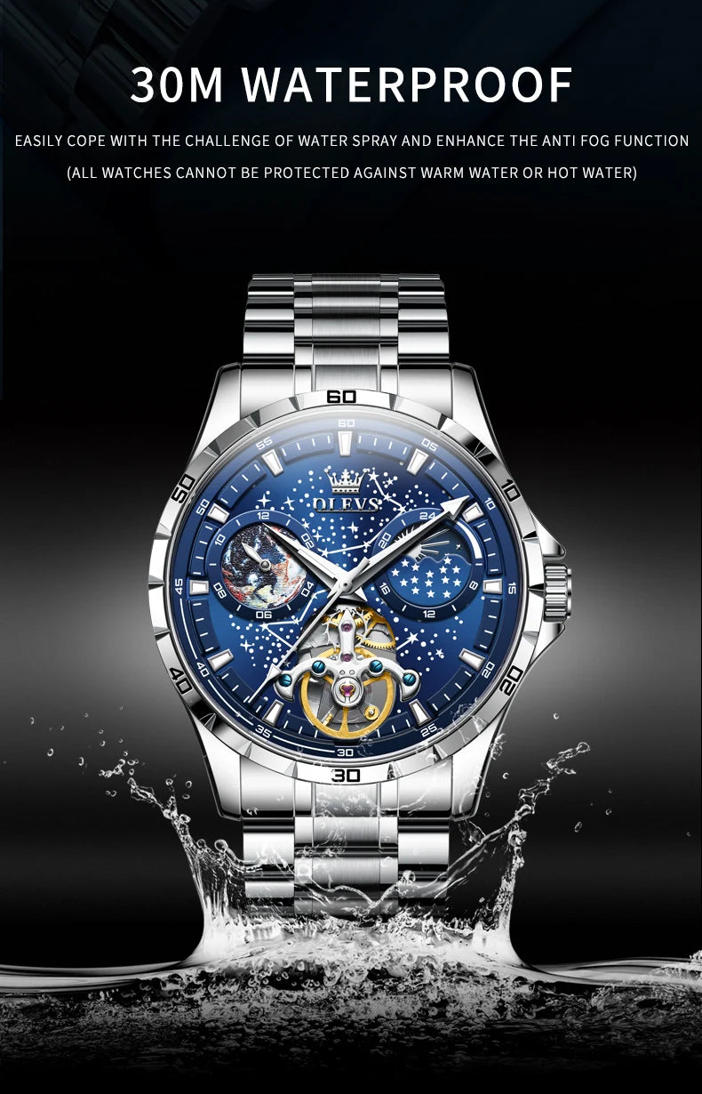 OLEVS Flywheel Skeleton Automatic Watch for Men Luminous Starry Sky Waterproof Business Wristwatch Mechanical Watch