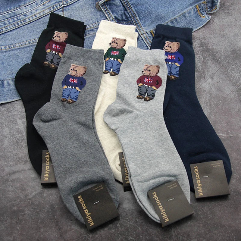 Cartoon Gentleman Bear Socks Red Socks for Men Cotton Harajuku Skateboard Socks Novelty Breathable Sox Christmas Gift
