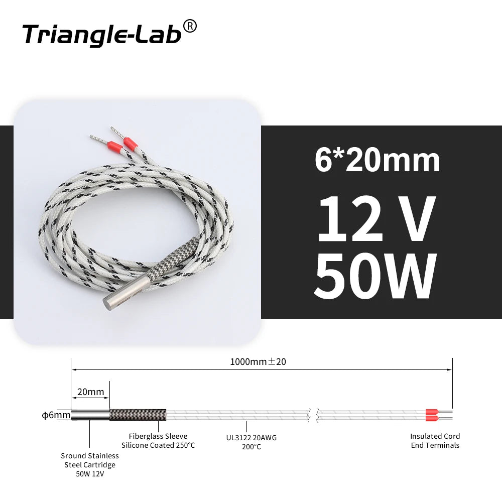 Trianglelab 3D Printer 6*20MM 12V/24V 40W Heater Cartridge With 100CM cable For 3D Printer for PT100 HOTEND Volcano MK8 MK9