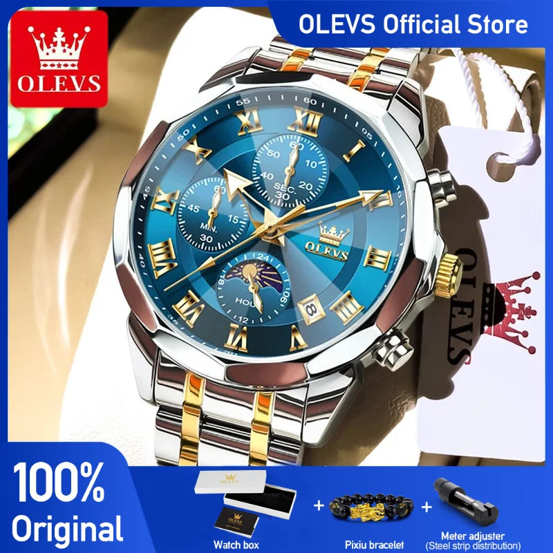 OLEVS 3675 Mens Watch Original Multifunctional Chronograph Quartz Watch Moon Phase Watches For Men Waterproof Mens Gifts Reloj