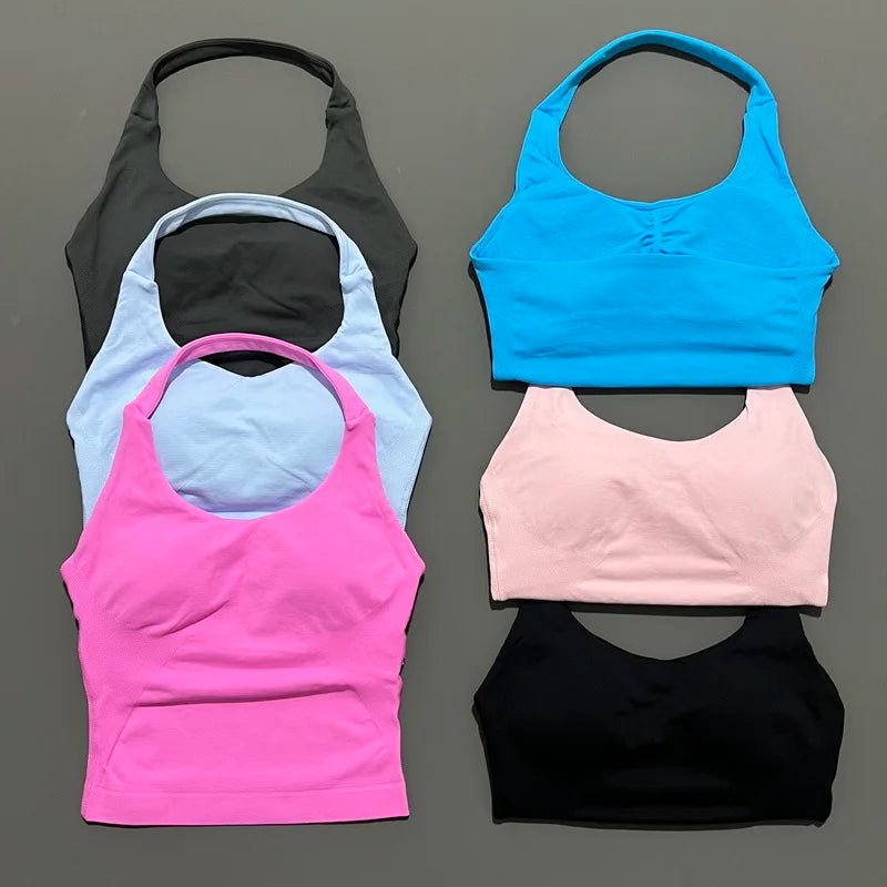HISTELLO Impact Halter Top Seamless Longline Strappy Gym Top Women Built-in Bra Removable Cups Activewear Yoga Tank Tops
