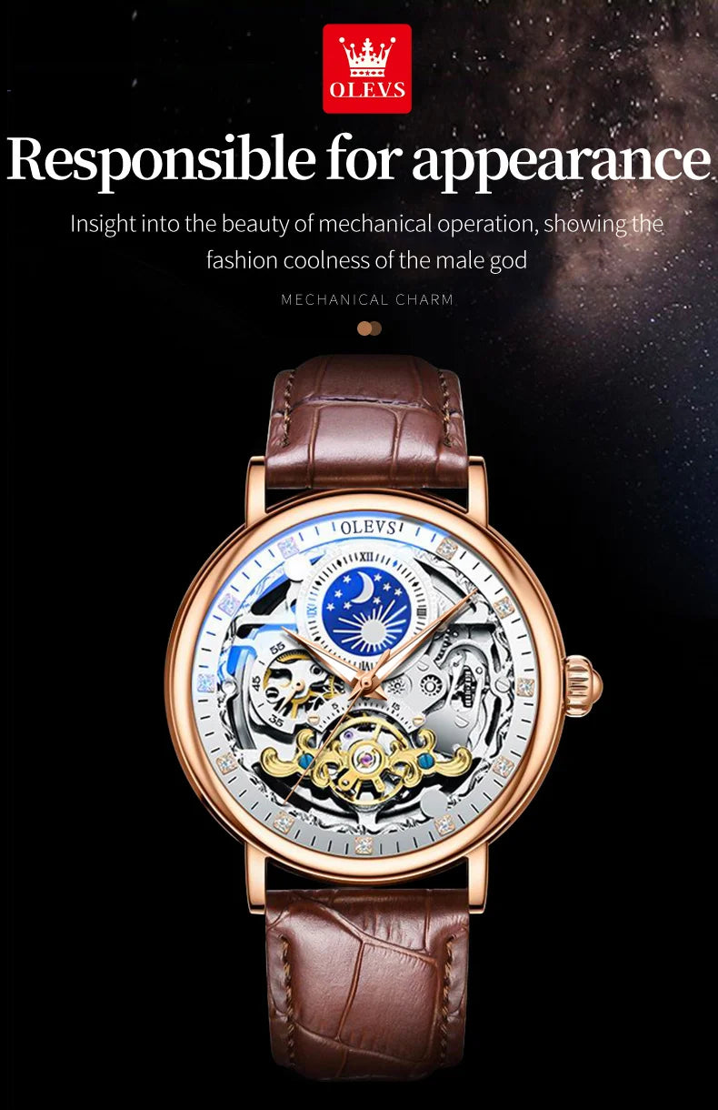 OLEVS Moon Phase Mechanical Watch Men with Waterproof Automatic Skeleton Mens Watches Top Brand Luxury Tourbillon Wristwatch Men