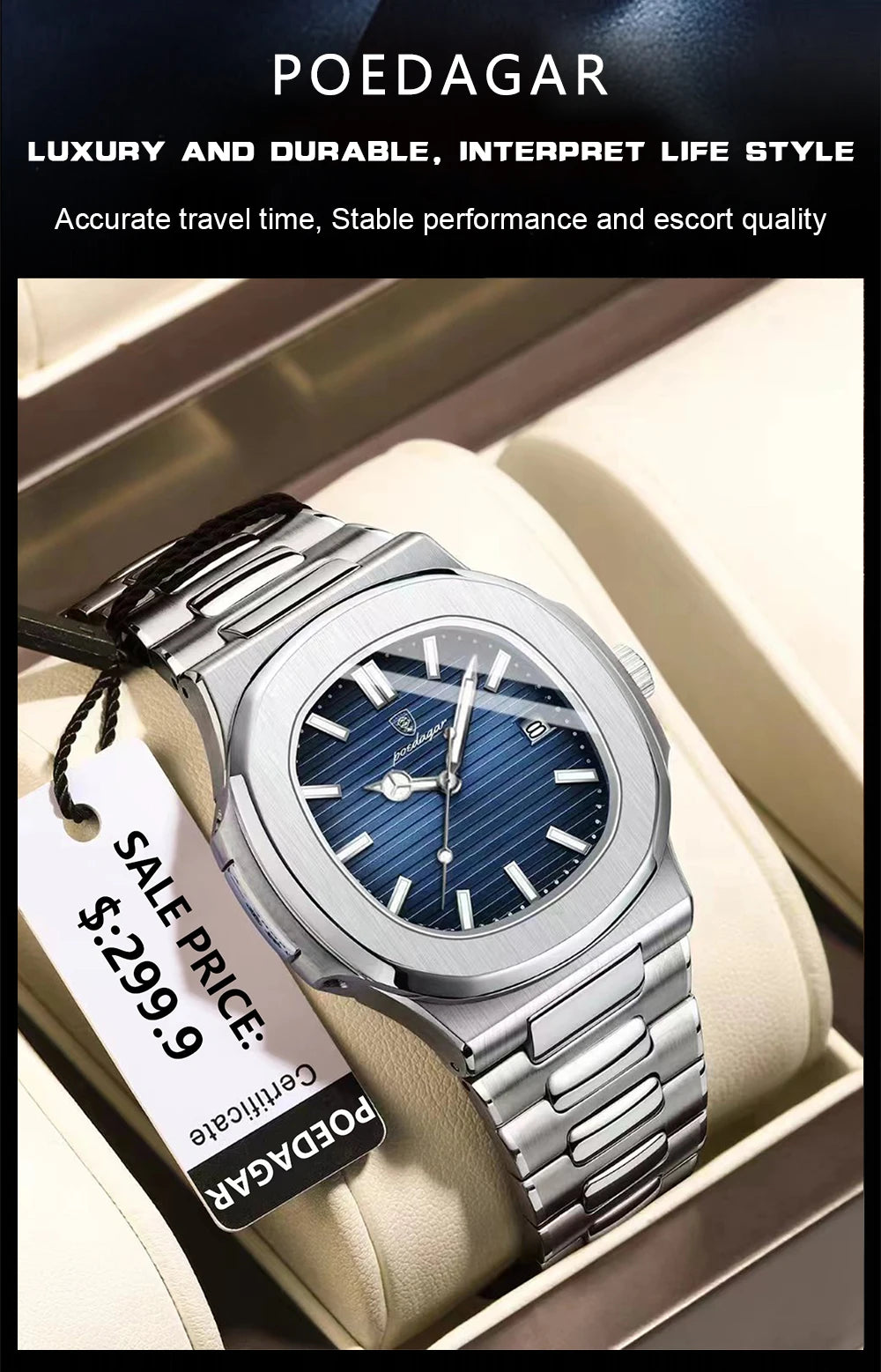 POEDAGAR Square Luxury Men Wristwatch Waterproof Luminous Date Stainless Steel Male Clock Business Sports Quartz Watches For Men