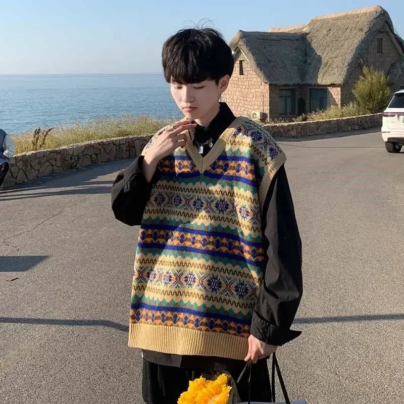 Men's Clothing Plaid Sleeveless Blue Knit Sweater Male Graphic Waistcoat Vest Casual Korean Style Baggy Fashion Stylish Hot A