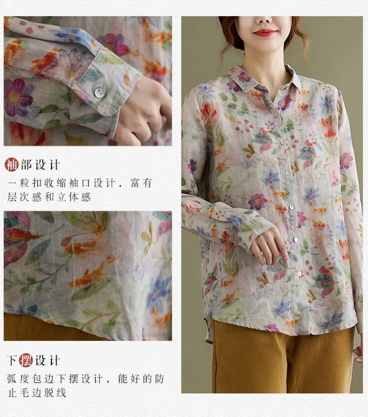 Women's Clothing Shirts Blouse Camisas Women Shirts Vintage Blusa Mujer Cotton Linen Casual Print Long Sleeve Flower Autumn