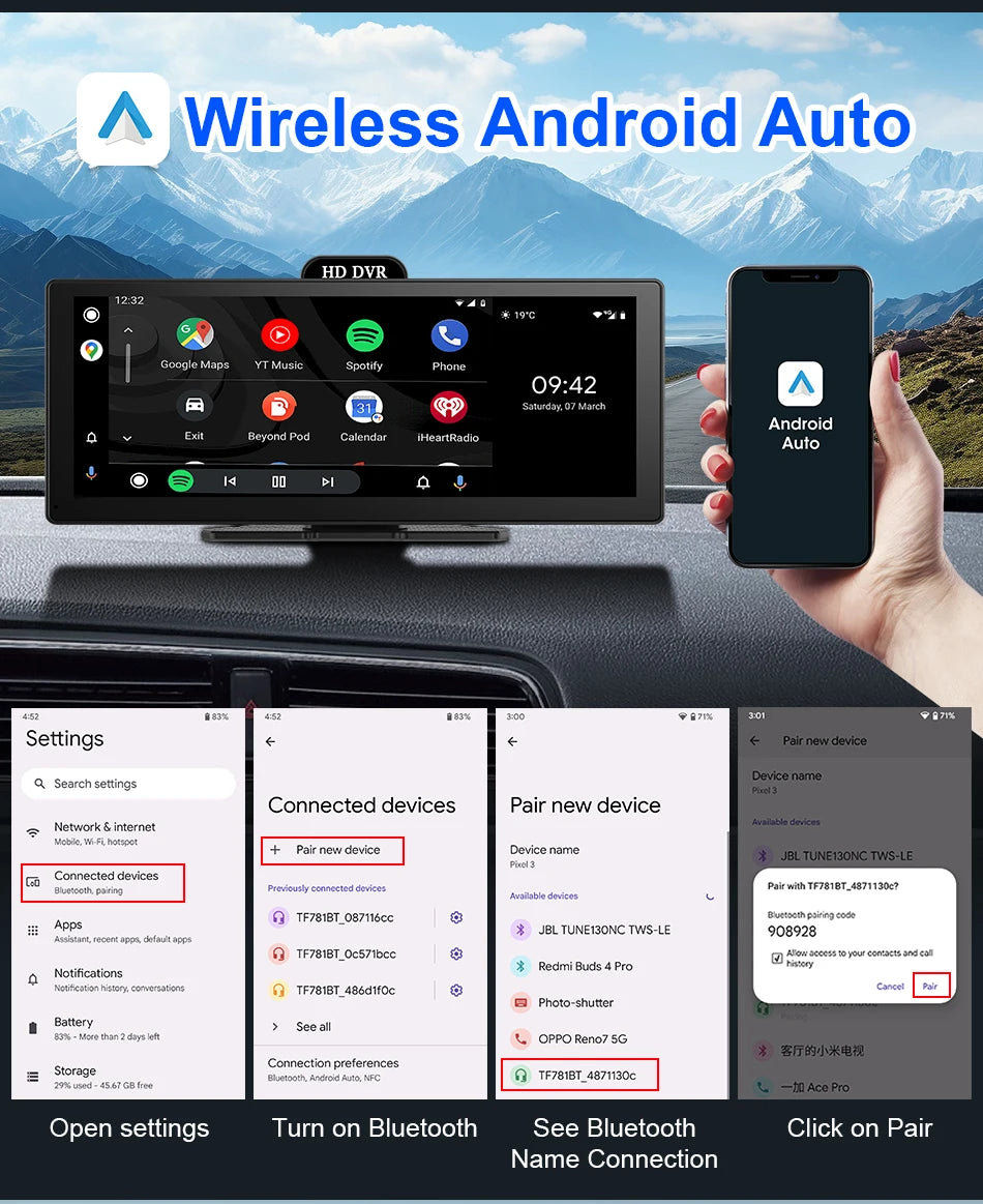 10/11.26 Inch 4K DVR Wireless CarPlay & Android Auto Dash Cam Bluetooth Audio GPS Navigation Dashboard Dual Lens Video Recorder