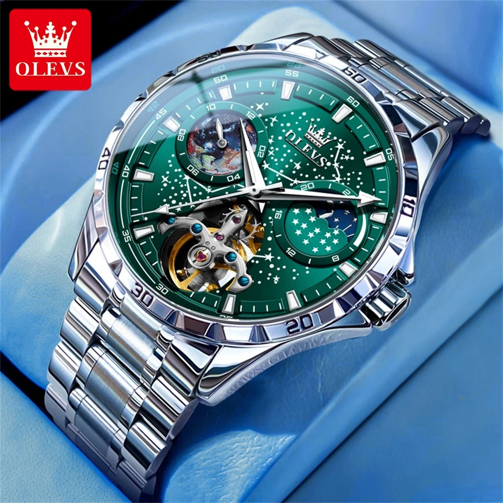 OLEVS Flywheel Skeleton Automatic Watch for Men Luminous Starry Sky Waterproof Business Wristwatch Mechanical Watch