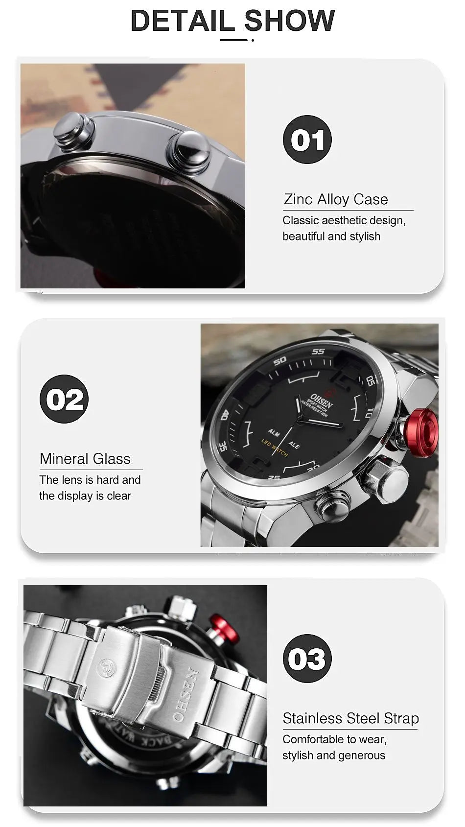 Fashion Sport Watch Men Digital Quartz LED Steel Strap Man Dual Time Watch 3ATM Waterproof Military Wristwatches Relogios