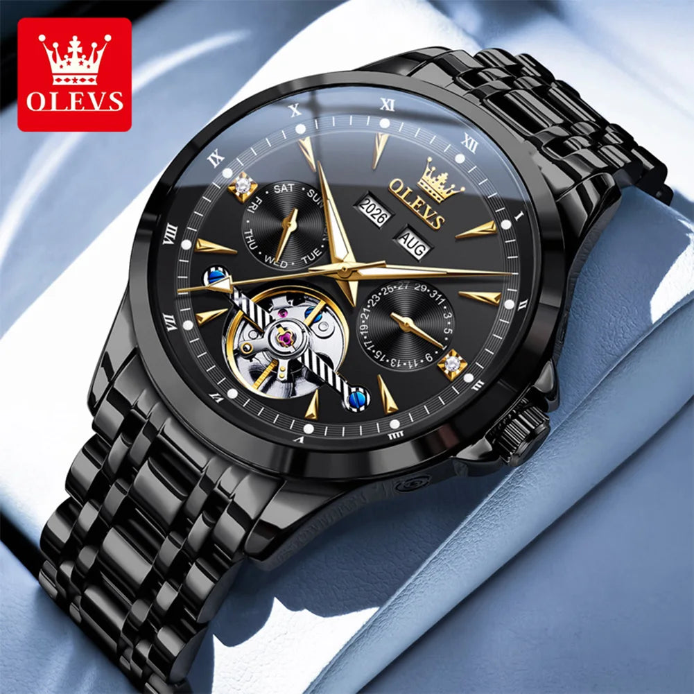 OLEVS 7091 Mens Watch Original Flywheel Automatic Mechanical Watch For Man Perpetual Calendar Waterproof Luminous Luxury Reloj