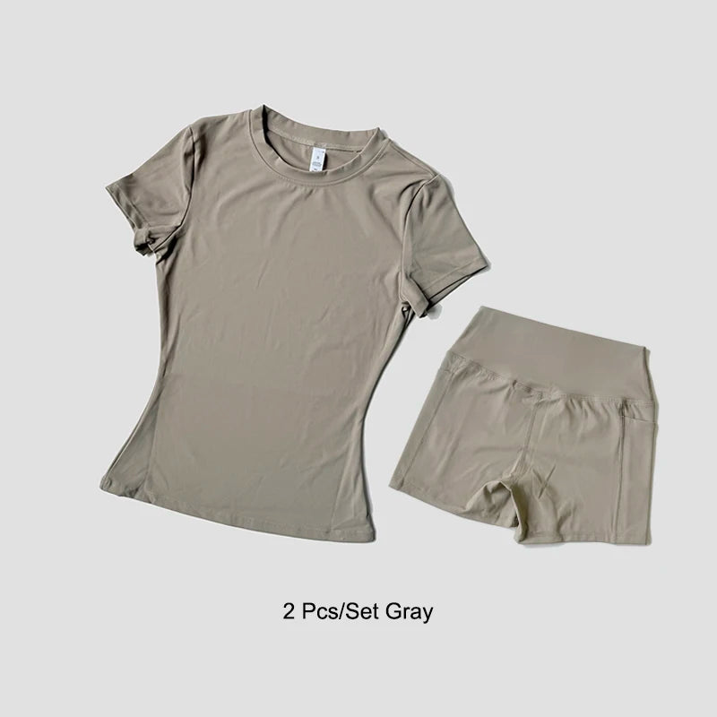 Sports Sets Fitness Hip-lifting Tight Top Short Sleeve Running Workout Gym Shorts Tracksuits For Women Breathable Sports Suits