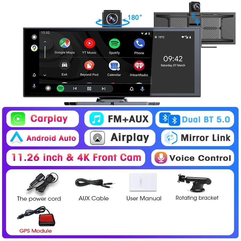 Srnubi Universal 11.26” Car DVR Wireless Carplay Android Auto 4K Front 1080P Rear Camera Dashcam GPS Navi Dashboard 24H Parking