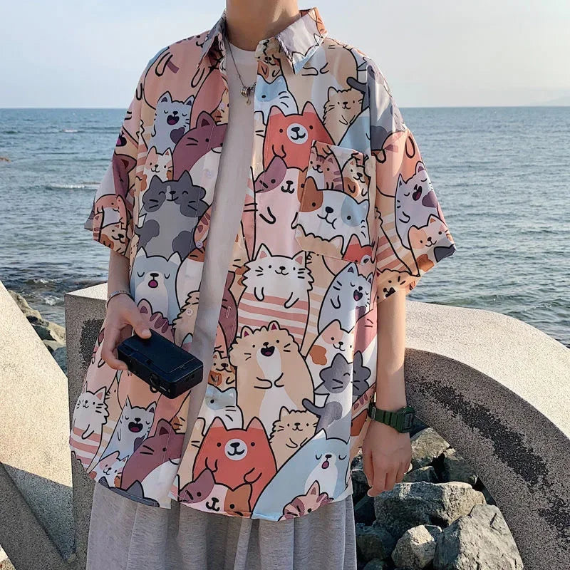 Deeptown Kawaii Button Up Shirt Animal Cat Print Blouse Women Japan Style 2024 Summer Hawaii Graphic Cardigan Casual Cute Tops