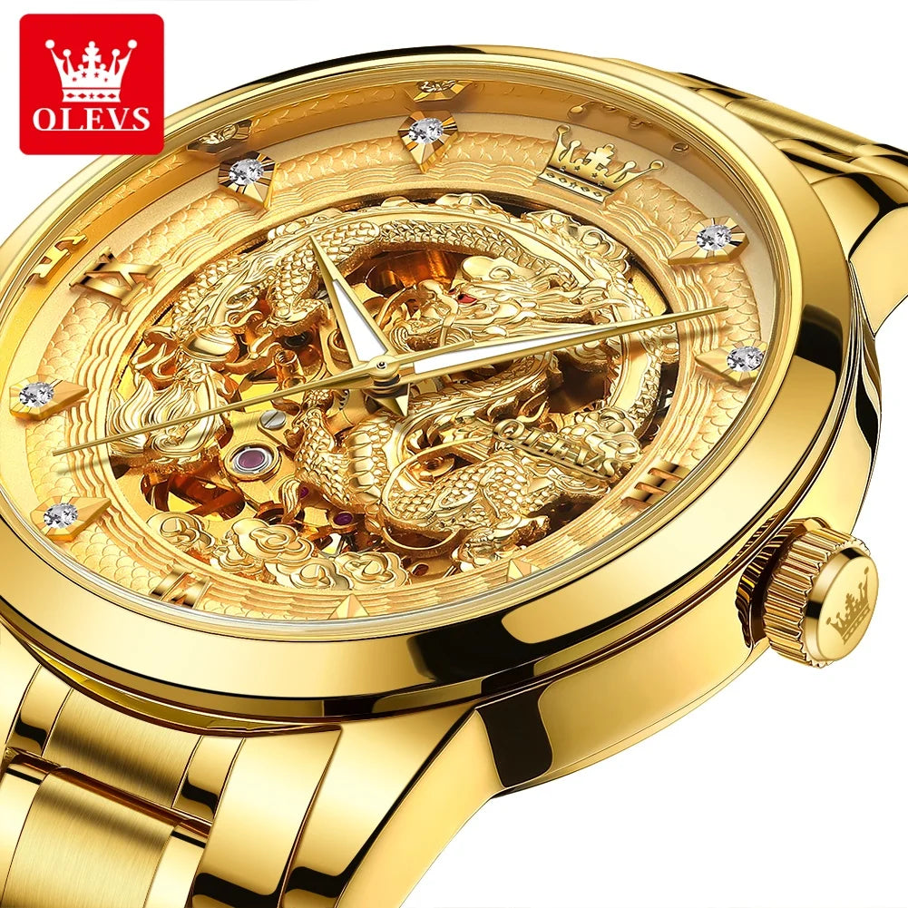 OLEVS Japan Automatic Mechanical Men's Watches High-end Luxury Brand Original Stainless Steel Hollowed Dragon Watch for Men 7027