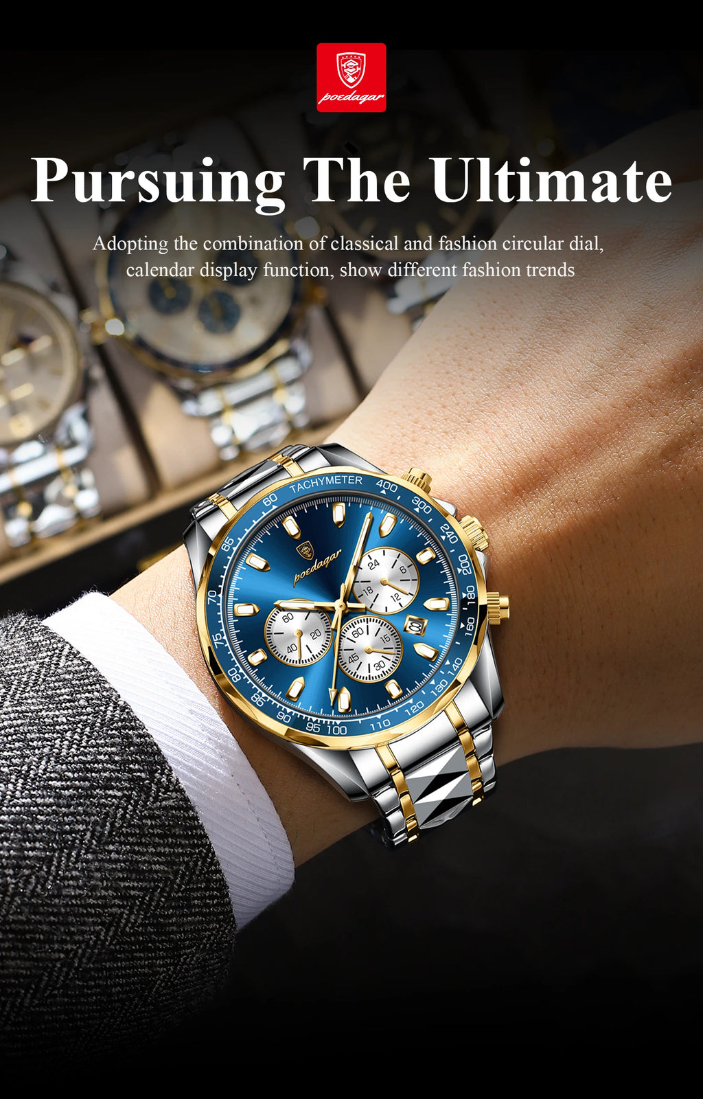 POEDAGAR Luxury Men's Watches Waterproof Luminous Date Chronograph Watch For Man Stainless Steel Fashion Sports Quartz Men Watch